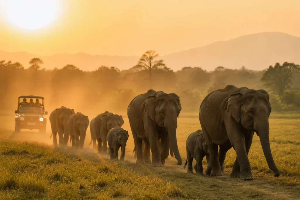 Udawalawe safari elephants in Sri Lanka at sunrise