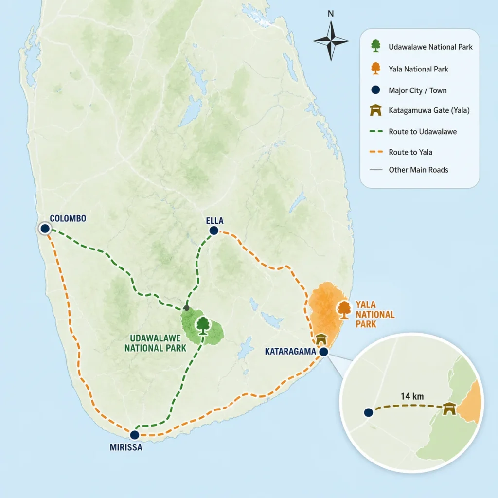 Sri Lanka map showing routes to Udawalawe and Yala National Parks with key towns and driving paths, to choose the best safari in Sri Lanka