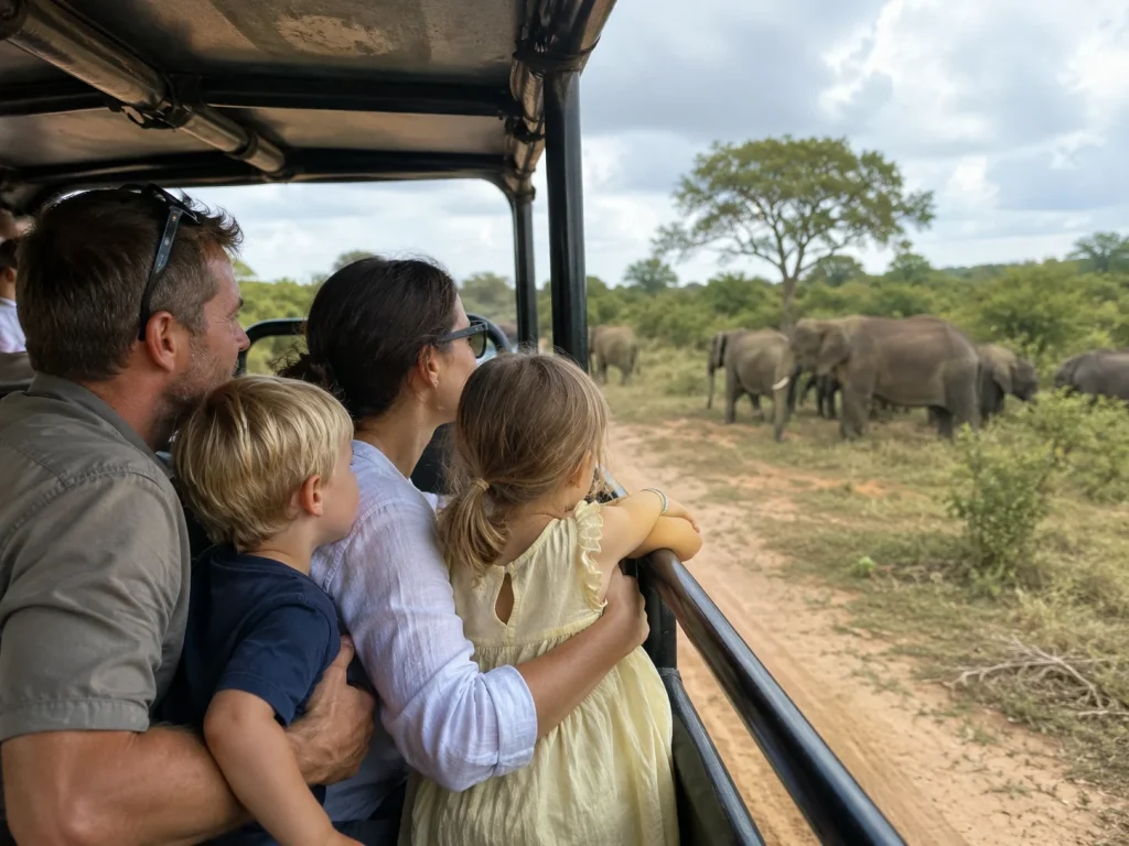 Family enjoying Udawalawe safari with children watching wild elephants in Sri Lanka. Best Safari for Kids