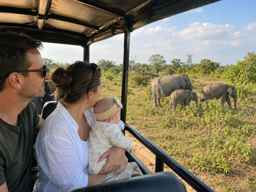 Parents enjoying Udawalawe safari in a private jeep.