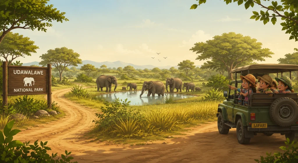 Cartoon depiction of kids on a safari jeep watching elephants in Udawalawe.