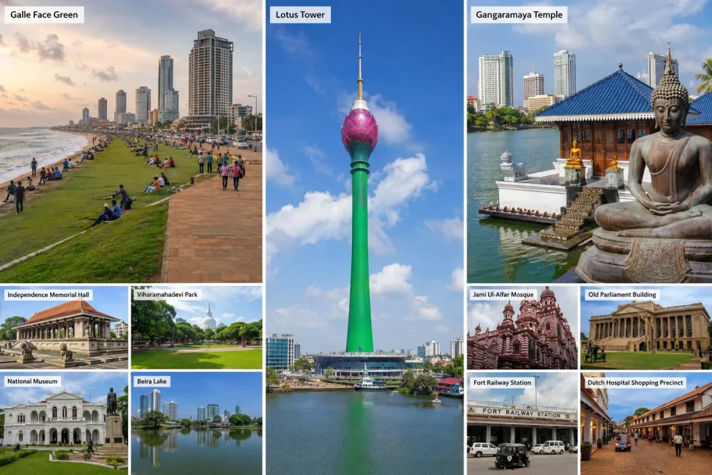 A travel collage featuring Lotus Tower, Galle Face Green, and Gangaramaya Temple as the main highlights, with smaller labeled images of other Colombo landmarks arranged around them in a clean magazine-style layout.