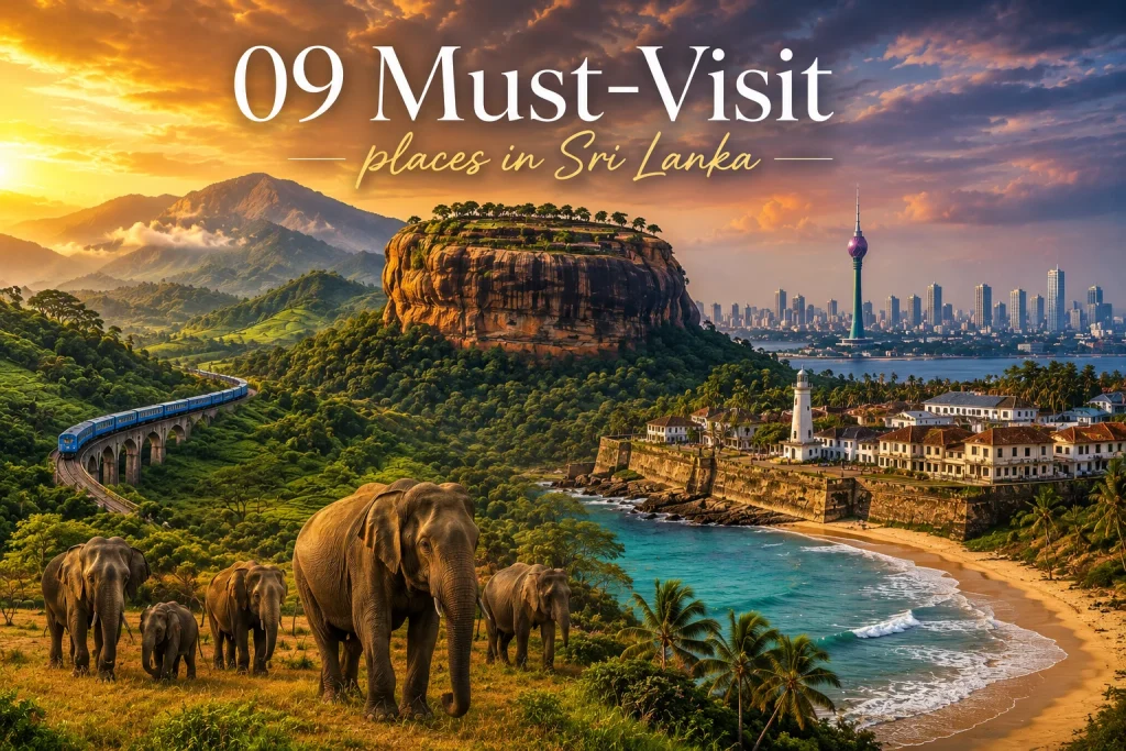 Panoramic composite landscape of Tourist Attractions in Sri Lanka featuring Sigiriya, elephants, trains, and a coastline.