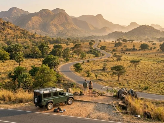 Safari road on the Ahangama to Udawalawe tour with elephants in the distance