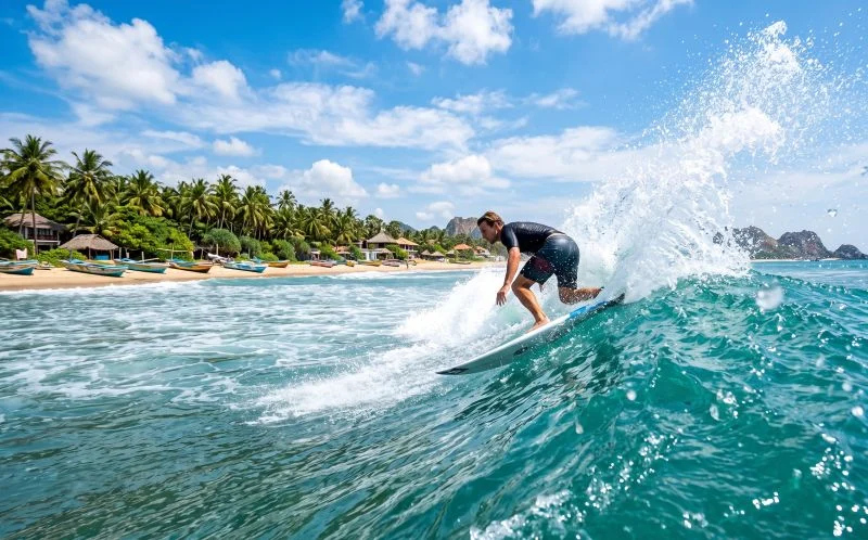 Water-level action shot of a surfer riding a wave at Arugam Bay, Sri Lanka