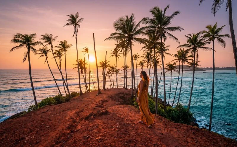 Drone view of Coconut Tree Hill's leaning palm trees over the ocean in Mirissa, Sri Lanka