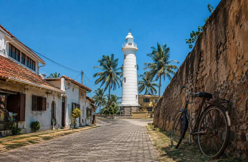Galle Fort lighthouse and cobblestone street inside the historic Dutch fort, Sri Lanka