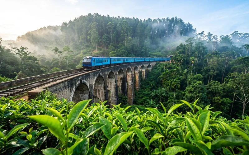 Low angle view of the Nine Arches Bridge in Ella, Sri Lanka, framed by tea-covered hills