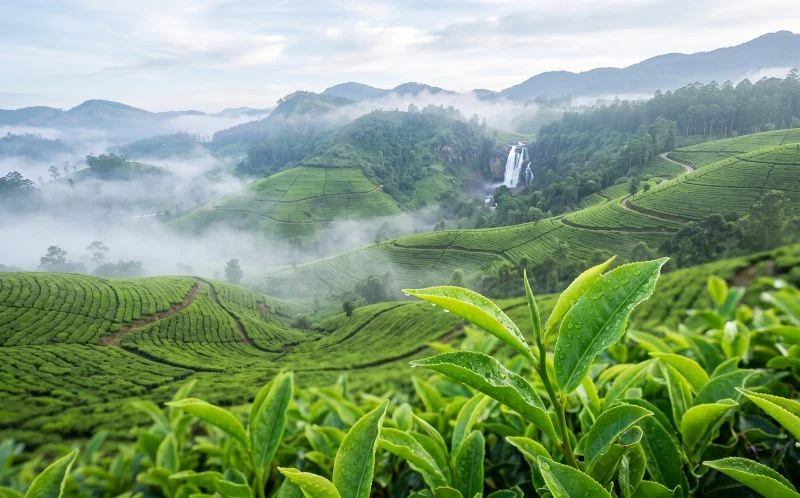 Rolling green tea estate terraces in Nuwara Eliya, Sri Lanka's hill country