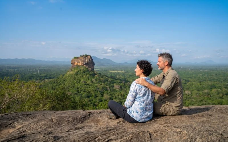 Sunrise silhouette view of Sigiriya Lion Rock seen from the summit of Pidurangala Rock
