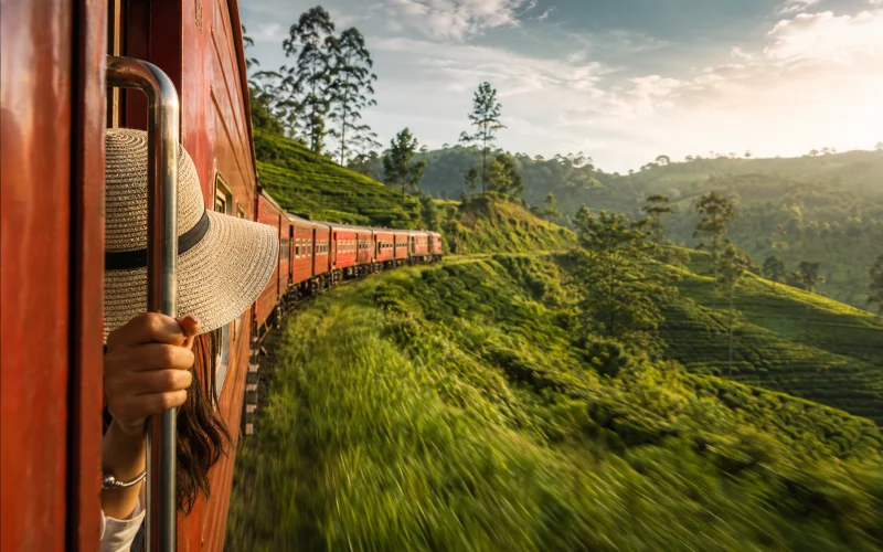 Blue train winding through misty hill country on the Kandy to Ella scenic train ride