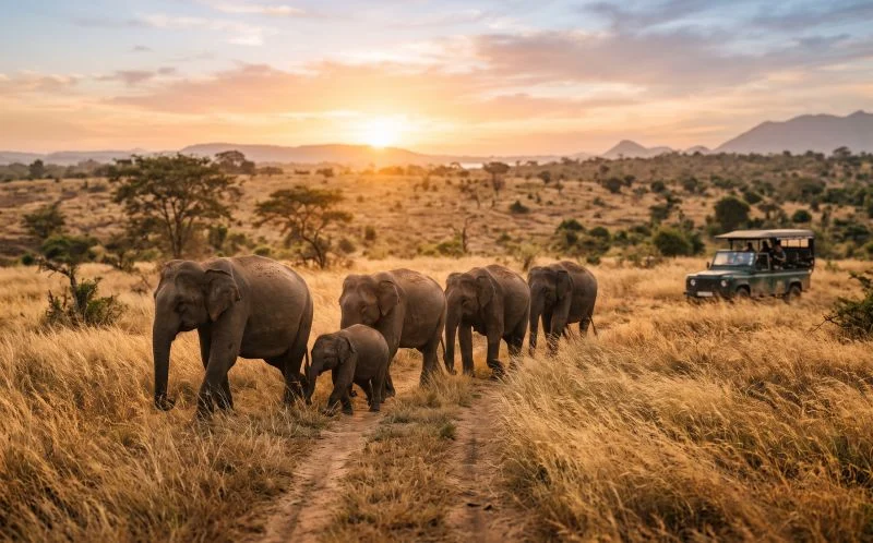 One of the most Instagram-worthy spots in Sri Lanka: an elephant herd crossing golden grassland in Udawalawe National Park