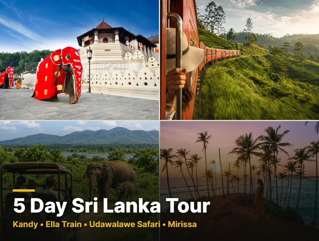 5 day Sri Lanka tour collage showing Kandy Temple of the Tooth, the Ella train, an Udawalawe elephant safari and Mirissa beach