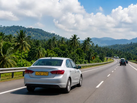 Private taxi driving along a palm-lined expressway with hills in the background