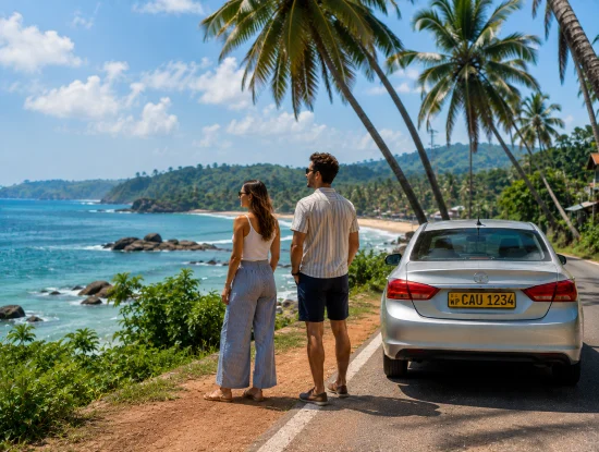 Couple standing beside their car admiring a curved palm-fringed bay on Sri Lanka's South Coast