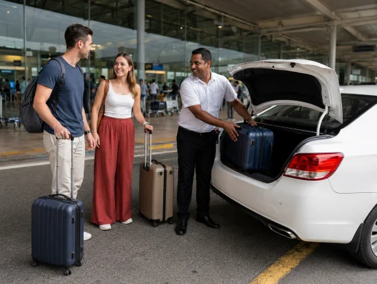 Driver loading suitcases into a taxi trunk for a couple outside Bandaranaike International Airport