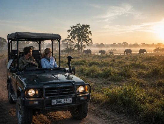 Morning vs sunset safari Udawalawe: misty grassland at dawn during a morning game drive