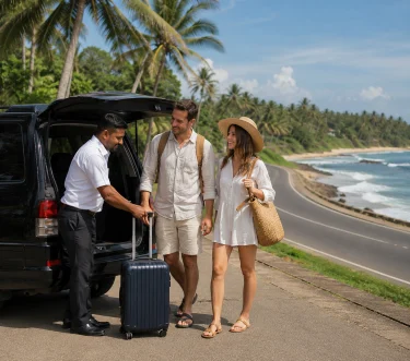 Private driver loading luggage for a Colombo Airport to South Coast taxi transfer in Sri Lanka