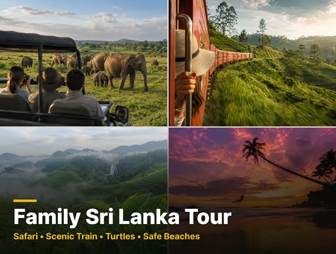 Family Sri Lanka tour collage showing an Udawalawe elephant safari, the Ella scenic train, Nuwara Eliya tea country and a south coast beach