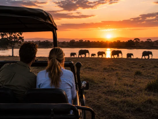 Elephant silhouette in golden hour light on a sunset safari in Udawalawe