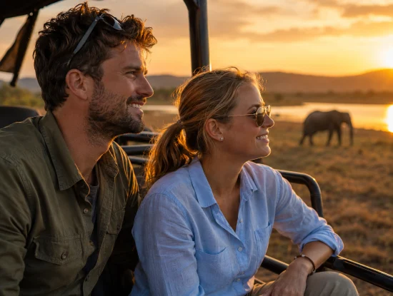 Safari guests bathed in golden light with an elephant in the background during a Udawalawe sunset safari