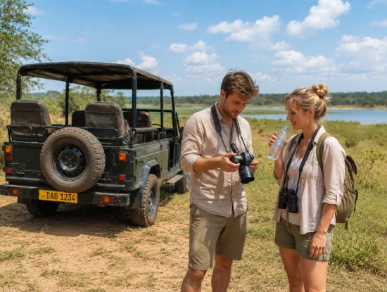 Travelers taking a midday break between Udawalawe safari drives