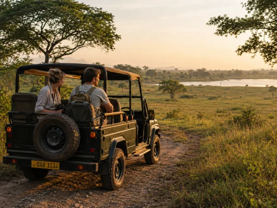 Safari jeep departing before dawn from Udawalawe for an early morning game drive
