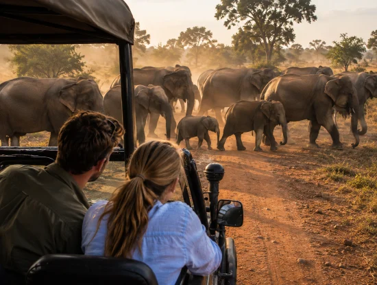 Elephant herd crossing the safari track at dawn in Udawalawe National Park