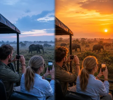 Morning vs sunset safari in Udawalawe: tourists photographing an elephant herd at dawn and at golden hour