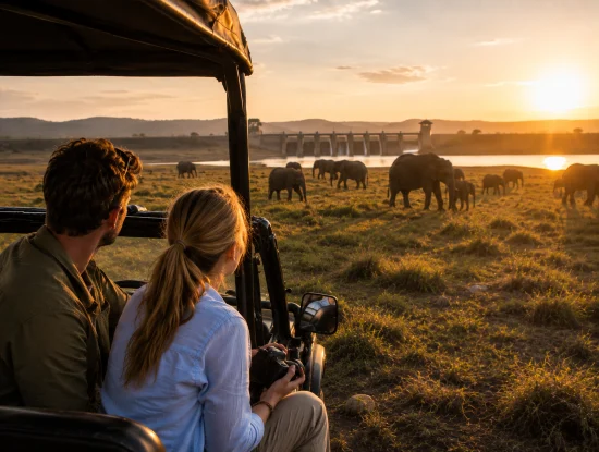 Elephant herd gathering at the Udawalawe reservoir during a sunset safari