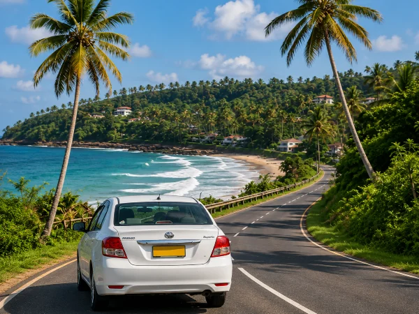 Private taxi travelling along the tropical coastline of Sri Lanka