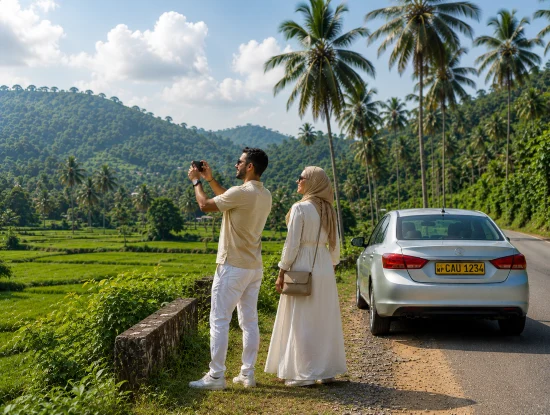 Travelers photographing green paddy fields and coconut palms from the roadside