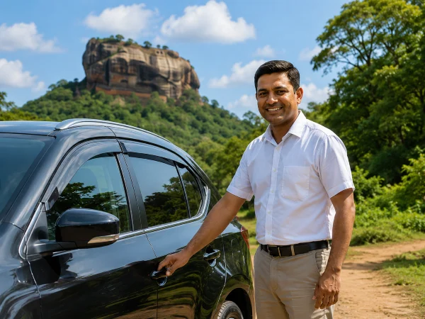 Sri Lankan private driver standing beside a comfortable private vehicle