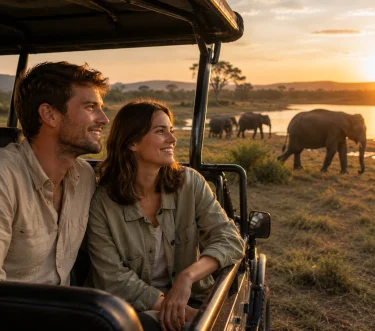 Open-top 4x4 safari jeep with two travelers on a dirt track in Udawalawe National Park during golden hour, at the start of a 24-hour jeep safari trip